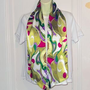 Vintage retro look green, purple, pink & white swirl print long polyester scarf